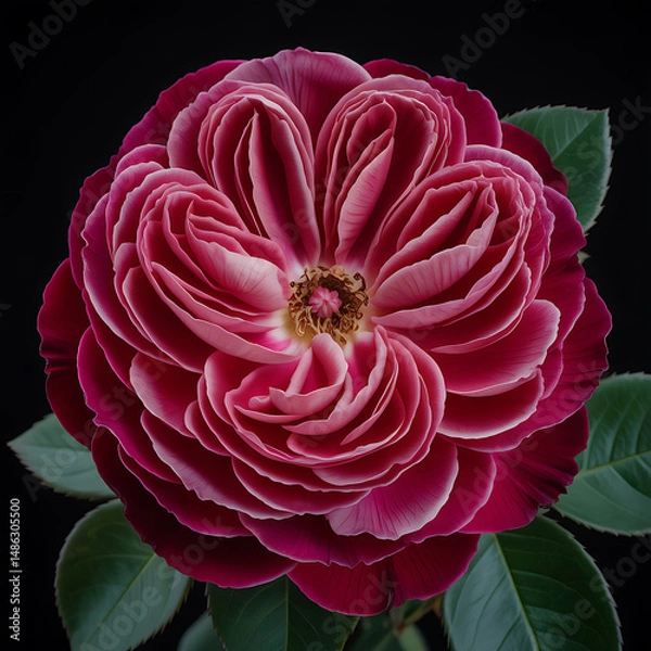 Fototapeta Deep red rose in full bloom with velvety petals and intricate folds, isolated against a matte black background in a realistic botanical photograph

