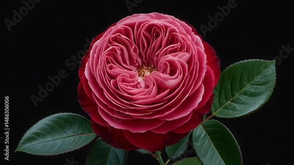 Fototapeta Deep red rose in full bloom with velvety petals and intricate folds, isolated against a matte black background in a realistic botanical photograph

