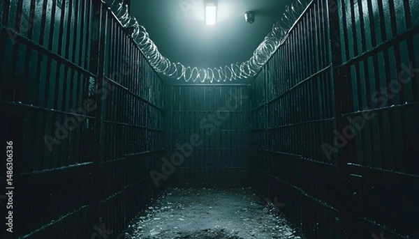 Fototapeta Dark, eerie prison corridor with barred cells, illuminated by a single overhead light, evoking a sense of confinement