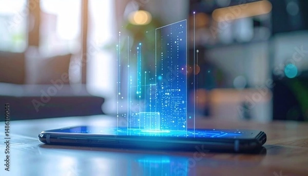 Obraz Phone displaying translucent blue data; bokeh backdrop, wooden table