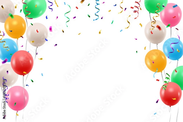 Fototapeta Vector colorful party balloons, confetti and streamers decorative border isolated on white background