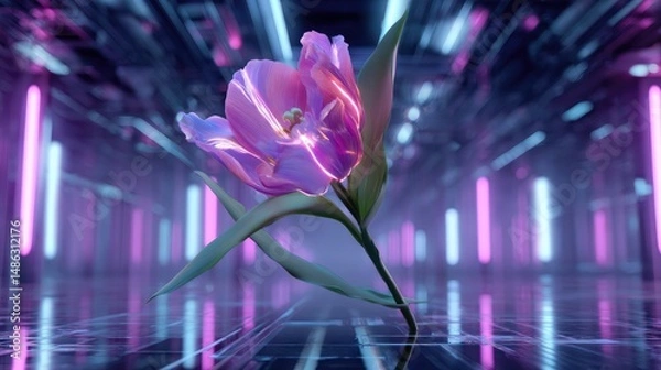 Fototapeta A high-tech tulip with glowing neon veins in an advanced AI-powered futuristic greenhouse