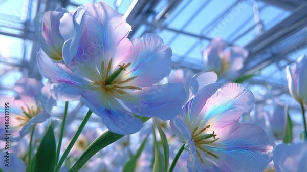 Fototapeta A high-tech tulip with glowing neon veins in an advanced AI-powered futuristic greenhouse