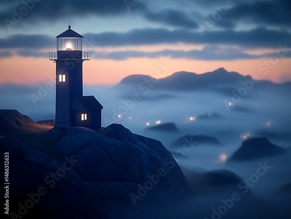 Obraz Lighthouse on misty mountain