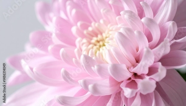 Fototapeta Soft focus close-up of a blooming pink chrysanthemum with layers of delicate petals and a golden center