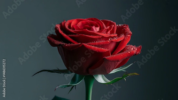 Fototapeta Close-up of a red rose with curled petals, moody lighting, dramatic tones, and a dark minimalist backdrop in high-detail realism