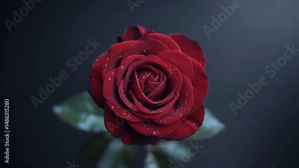 Fototapeta Close-up of a red rose with curled petals, moody lighting, dramatic tones, and a dark minimalist backdrop in high-detail realism