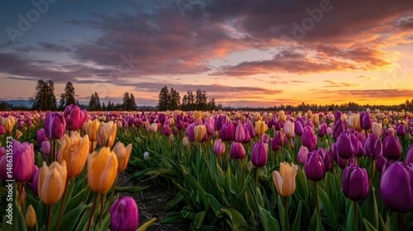 Fototapeta A mesmerizing tulip field painted in golden, pink, and purple tones at sunset