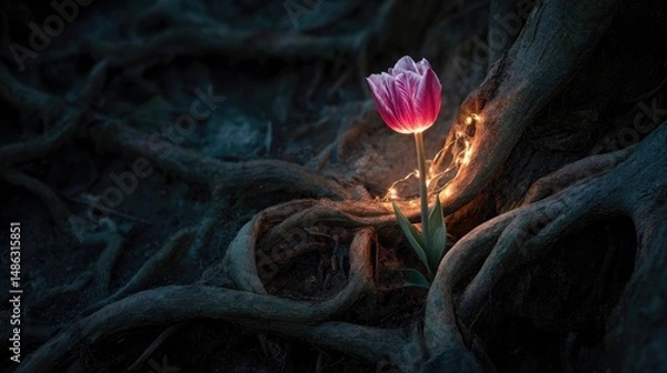 Fototapeta A mesmerizing tulip glowing with magical energy nestled within the twisted roots of an ancient tree