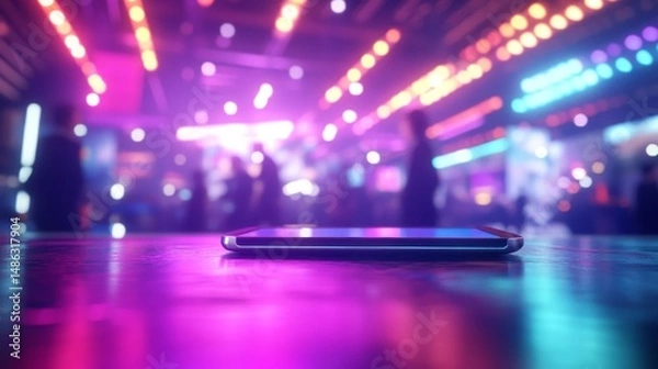 Obraz Close-up view of a sleek tablet mockup on a table at a tech expo. Colorful booth lights and blurred attendees create an energetic atmosphere in the background