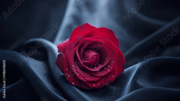 Fototapeta Realistic deep red rose with dewdrops in a centered composition on a black velvet background, intimate and clean floral portrait