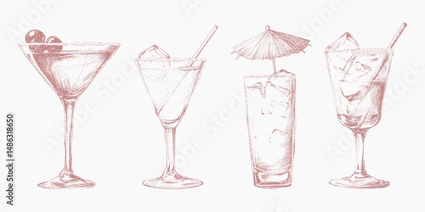 Fototapeta Set of elegant handcrafted Italian style cocktails and aperitivo beverages in retro pop art stipple style. Noisy gritty dot halftone effect on vintage ink sketches.