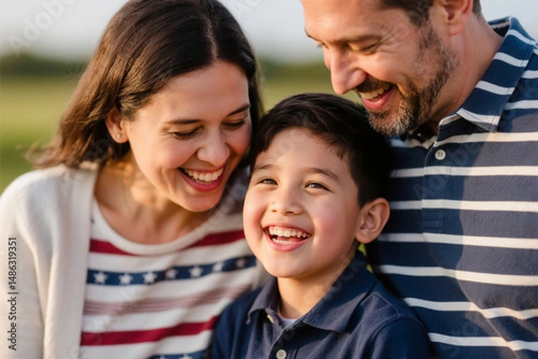 Obraz Close-up of American family members smiling and laughing together. Heartwarming moment full of connection, joy, and togetherness, ideal for lifestyle, diversity, and family themes.

