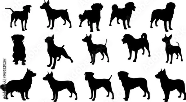 Fototapeta Collection of vector silhouette of different breed on white background. Symbol of pet and dog.
