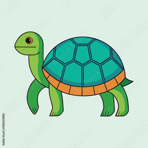Fototapeta Cartoon Turtle with Polygon Shell Striding Against a Light Green Background