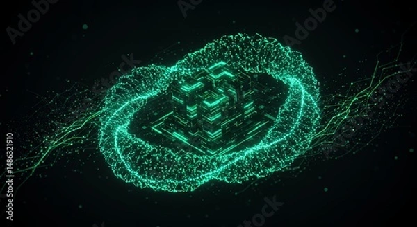 Obraz Luminous digital cube surrounded by swirling energy on a dark backdrop