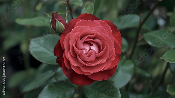 Fototapeta Vibrant rose with lush red petals and dark green leaves, natural subdued tones, no extra lighting or gloss in fine art photography

