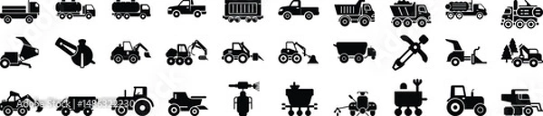 Fototapeta Vehicle agricultural forestry transport line icon set. Vector pictograms of skidder, trailer, irrigation, hose, seed, drill, grain, silage, fertilizer, livestock, thin linear illustration.