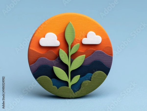 Fototapeta Image features round, colorful wooden badge with nature inspired design, including green plant, clouds, and layered mountains