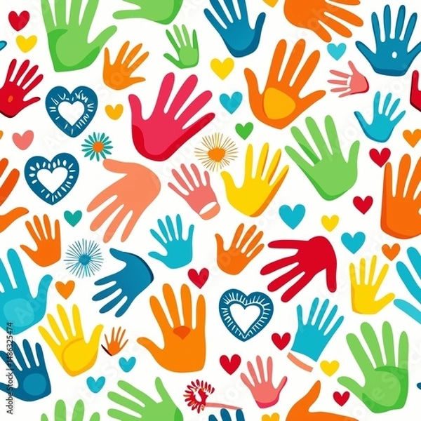 Fototapeta Colorful handprints and hearts create a cheerful, uplifting pattern