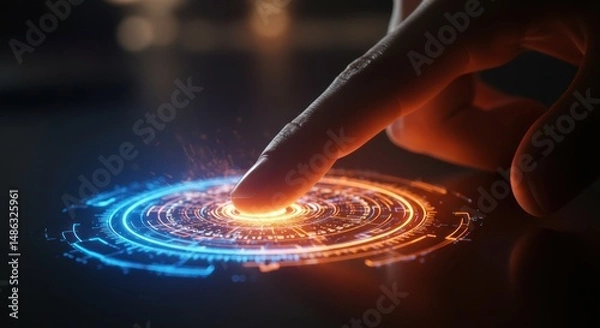 Fototapeta Finger touching a glowing circular interface element with blue and orange light.