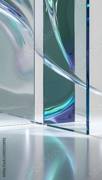 Fototapeta A smooth glass-like surface with reflections of light bending and scattering, creating a dynamic yet calming abstract space.9