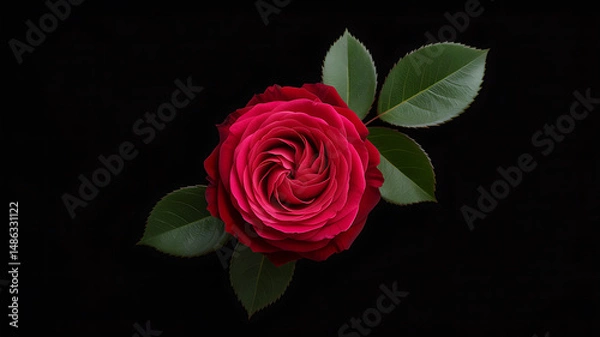 Fototapeta Top view of a blooming red rose placed diagonally with visible leaves, featuring dramatic yet natural contrast on a pure black canvas

