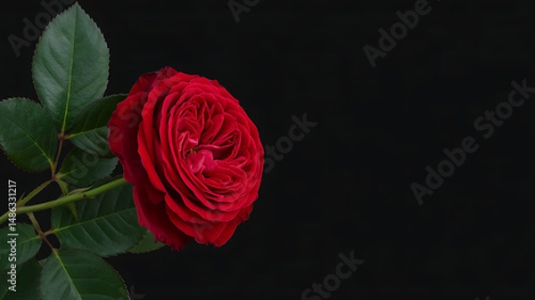 Fototapeta Top view of a blooming red rose placed diagonally with visible leaves, featuring dramatic yet natural contrast on a pure black canvas

