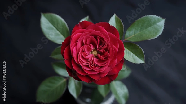 Fototapeta Top view of a blooming red rose placed diagonally with visible leaves, featuring dramatic yet natural contrast on a pure black canvas

