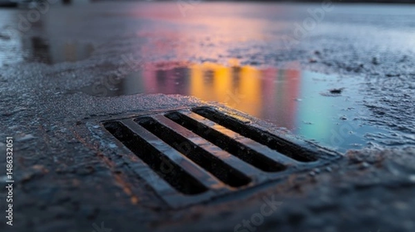 Obraz A vibrant oil slick covers dark asphalt, leading into a street drain. The sheen reflects the sky and nearby buildings, highlighting environmental pollution issues