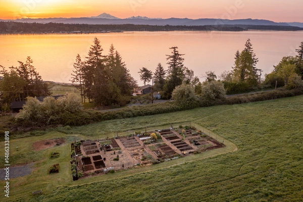 Obraz Aerial view of a Community garden located on an island in the Pacific Northwest. Beautiful morning light illuminates a garden area set aside on a land preserve in the Salish Sea area of Washington.