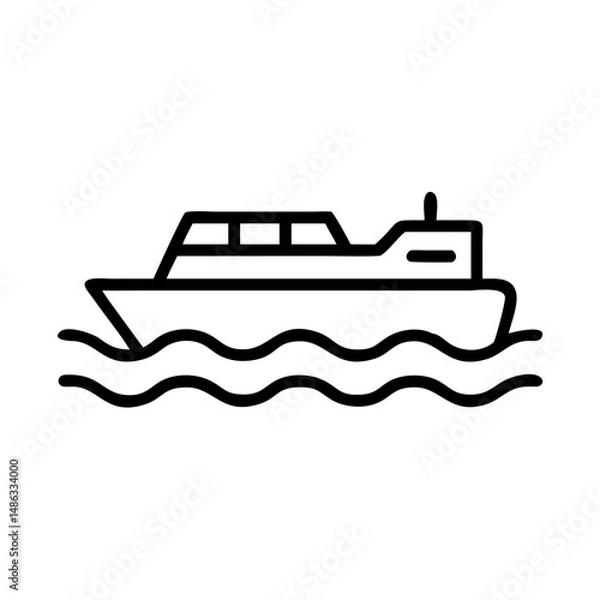 Fototapeta Minimalist black outline vector icon of a ferry boat with waves and deck structure in side profile, symbolizing tourism, transport, and travel in a clean and simple design.