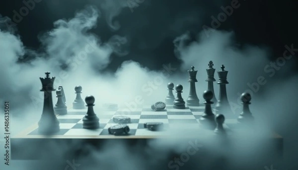 Fototapeta Mystical chess game: Strategy, competition, dark atmosphere, fog