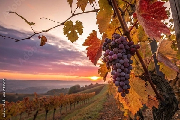 Fototapeta Grapevine with ripe grapes at sunset in vineyard. Closeup of purple grapes hanging from a vine with autumn leaves, overlooking a scenic vineyard landscape at sunset