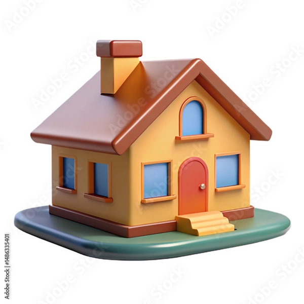 Fototapeta 3D house icon isolated on white.  Colorful 3D rendered  house with chimney, windows, and front steps, isolated on white background for real estate or app use