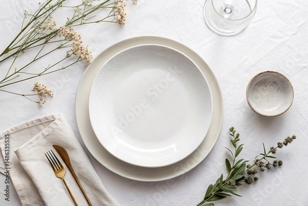 Fototapeta Elegant Minimal Table Setting with White Plates. Top view of a simple, stylish table setup featuring white plates, gold cutlery, glassware, and botanical elements on white linen