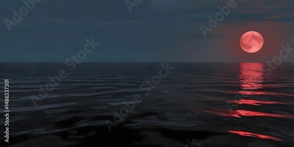 Fototapeta A vast, open sea under a blood-red moon, its waters unnaturally still, reflecting an ominous presence.4
