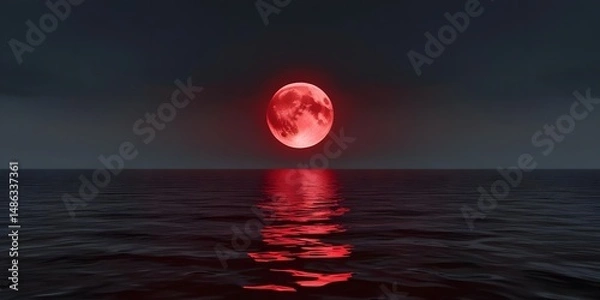Fototapeta A vast, open sea under a blood-red moon, its waters unnaturally still, reflecting an ominous presence.6