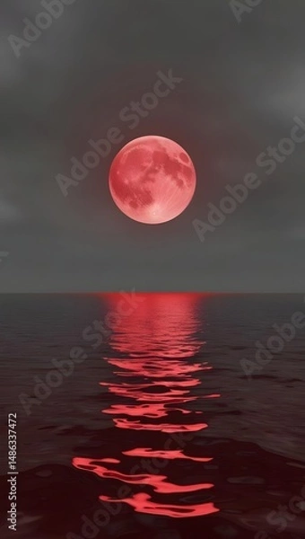 Fototapeta A vast, open sea under a blood-red moon, its waters unnaturally still, reflecting an ominous presence.10