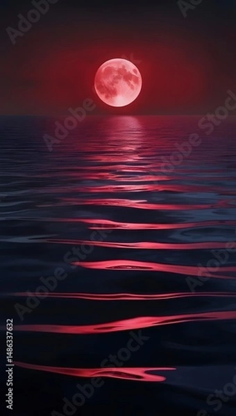 Fototapeta A vast, open sea under a blood-red moon, its waters unnaturally still, reflecting an ominous presence.12