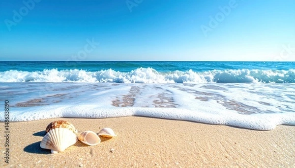 Obraz Seashells on sandy beach meeting the ocean waves under bright blue sky.