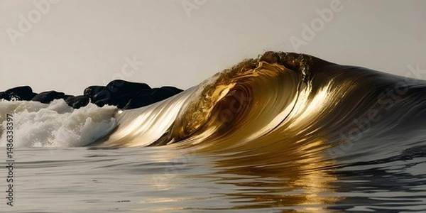 Fototapeta A wave of liquid gold crashing over darkened shapes, reflecting resilience and pushing past failure.