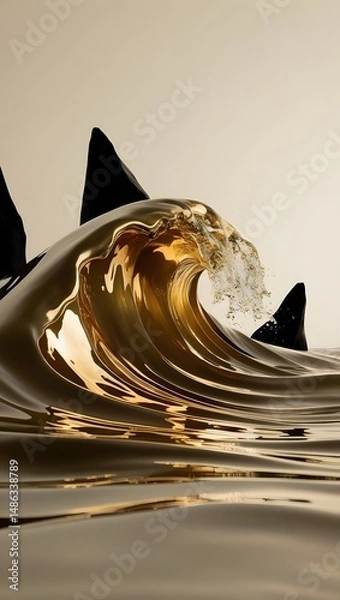 Fototapeta A wave of liquid gold crashing over darkened shapes, reflecting resilience and pushing past failure.14