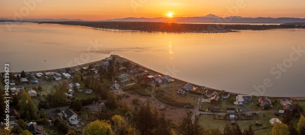 Obraz Sunrise aerial view of Lane Spit overlooking Hale Pass on Lummi Island, Washington. Mt. Baker and Gooseberry Point on the Lummi Indian Reservation can be seen in the background. 