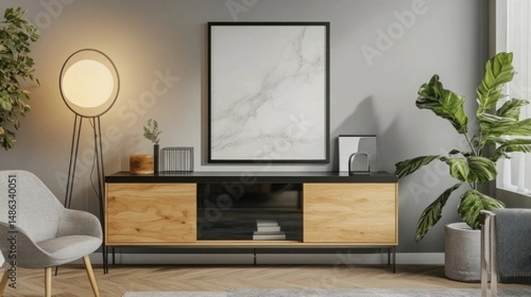 Fototapeta Modern living room interior with wooden cabinet and marble print