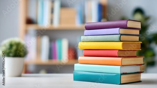 Fototapeta Colorful books stacked on a table in a home library
