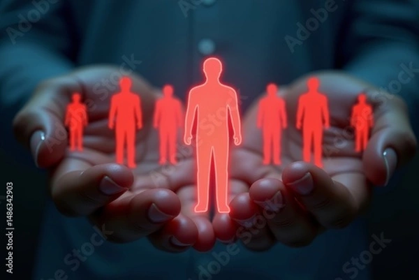 Obraz Inclusive Workplace: Diverse hands join together to protect holographic red human figures in futuristic insurance company.