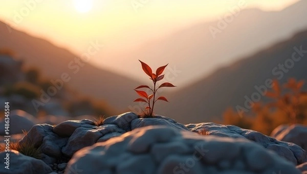 Obraz Resilience personified A tiny plant bravely sprouting amidst rocky terrain, bathed in the golden light of a breathtaking sunset; a testament to nature's tenacity and the beauty of perseverance.