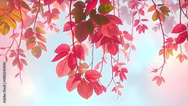 Obraz Enchanted Autumn Leaves A Dreamlike Tapestry of Red and Pink Foliage Hanging in Soft, Misty Light