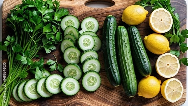 Fototapeta A wooden board with whole cucumbers, sliced cucumbers, lemons and parsley sitting on the surface top view